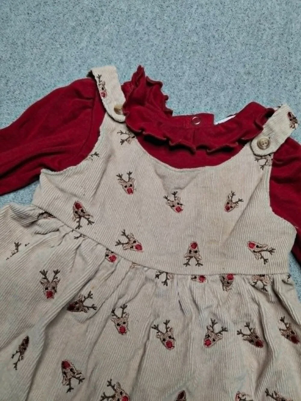 12M Baby Girl Christmas Reindeer Dress Set| Holiday Pinafore Long Sleeve